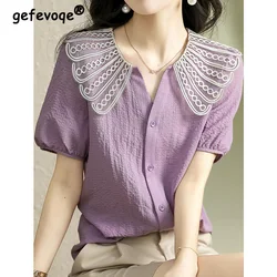 Fashion Women's Lace Design Jacquard Single Breasted Shirt Turn-down Collar Solid Color Crumpled Hollow Out Short Sleeve Blouse