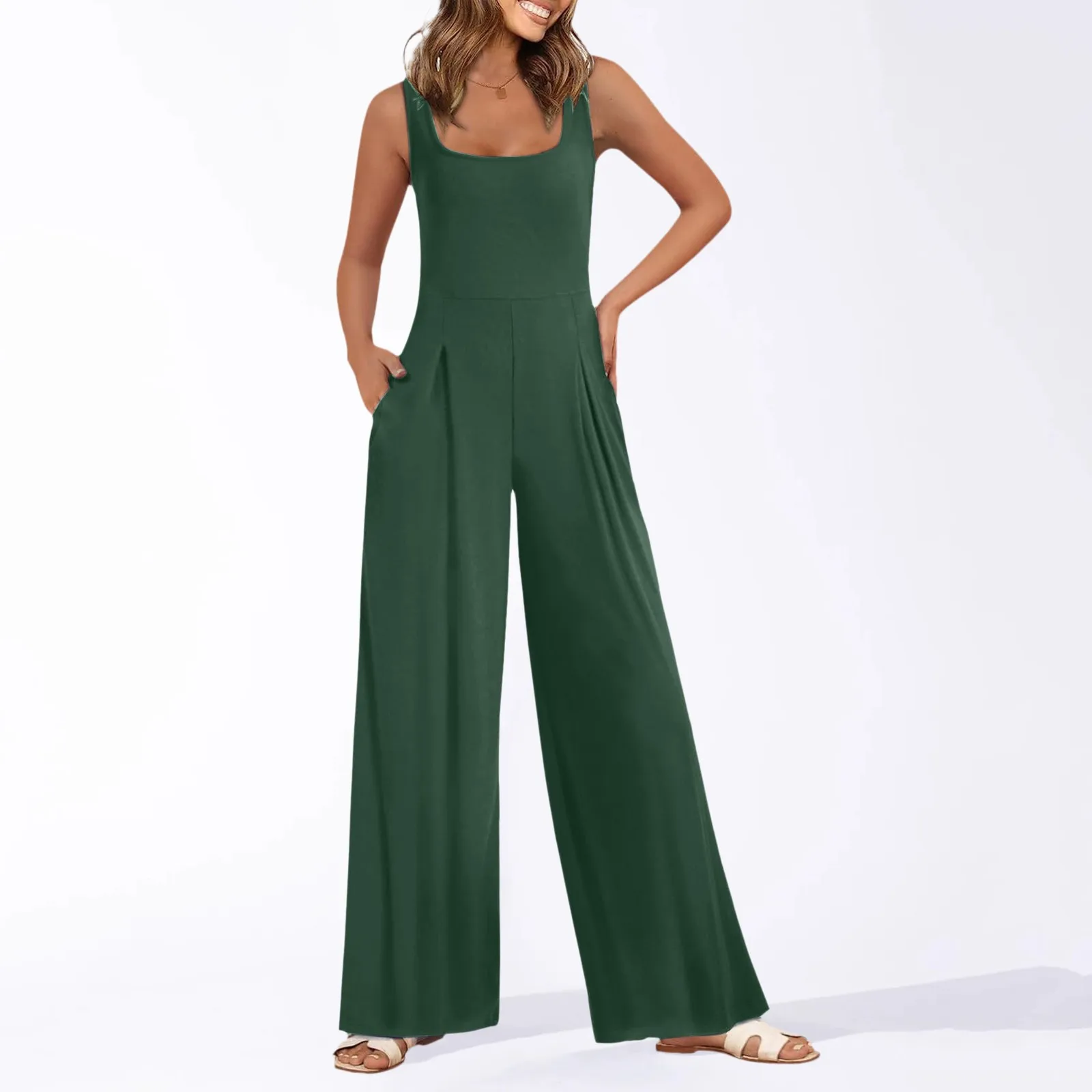 Mono de cintura alta para mujer, pantalones con cuello Halter, informales, holgados, de pierna ancha, color sólido, primavera y verano, 2024