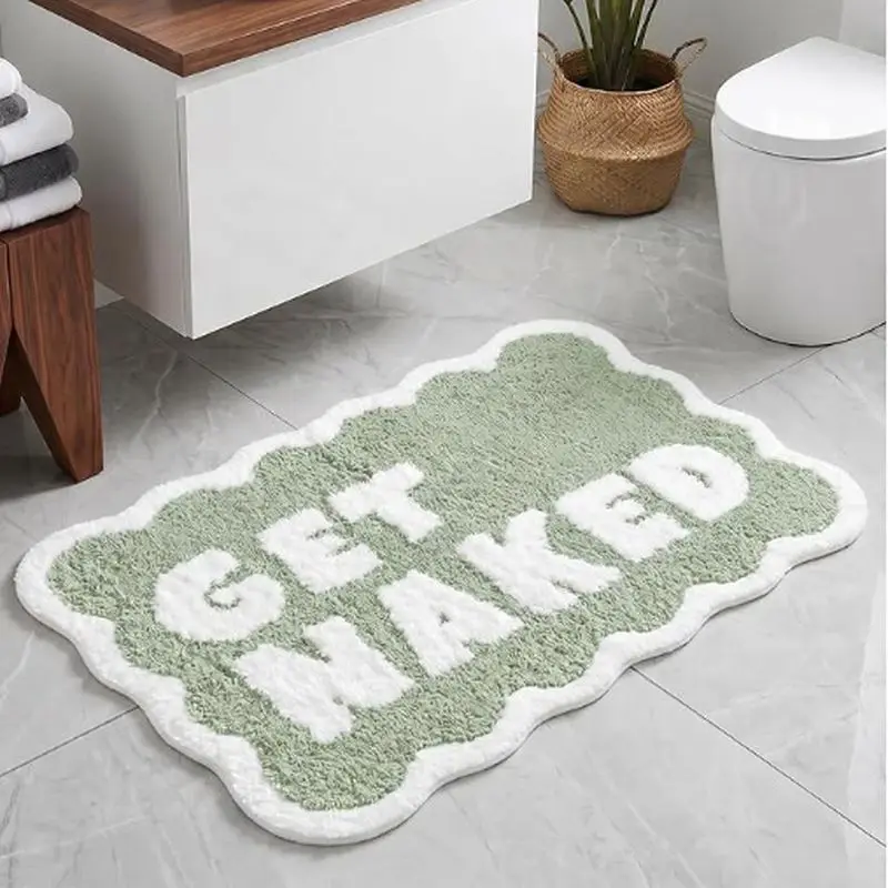 VIKAMA Get Naked Bath Mat Wavy Edge Green Non Slip Soft Plush Bathroom Rug Absorbent Funny Letter Floor Mat for Shower Tub Humor