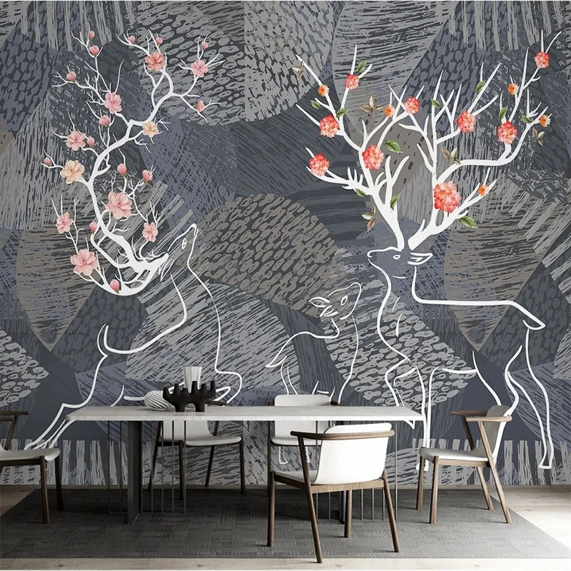 Modern 3D Geometric Lines Elk Deer Floral Wall Mural Wallpaper Artistic TV Background Wall for Bedroom Living Room Decor