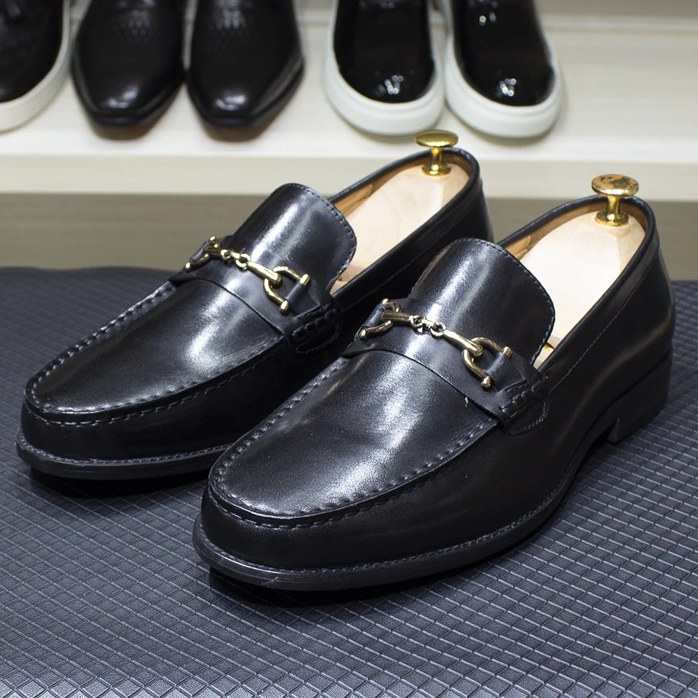 Classic Italian Style Mens Metal Chain Loafers Genuine Leather Slip on Dress Shoes for Men Casual Business Wedding Formal Shoes