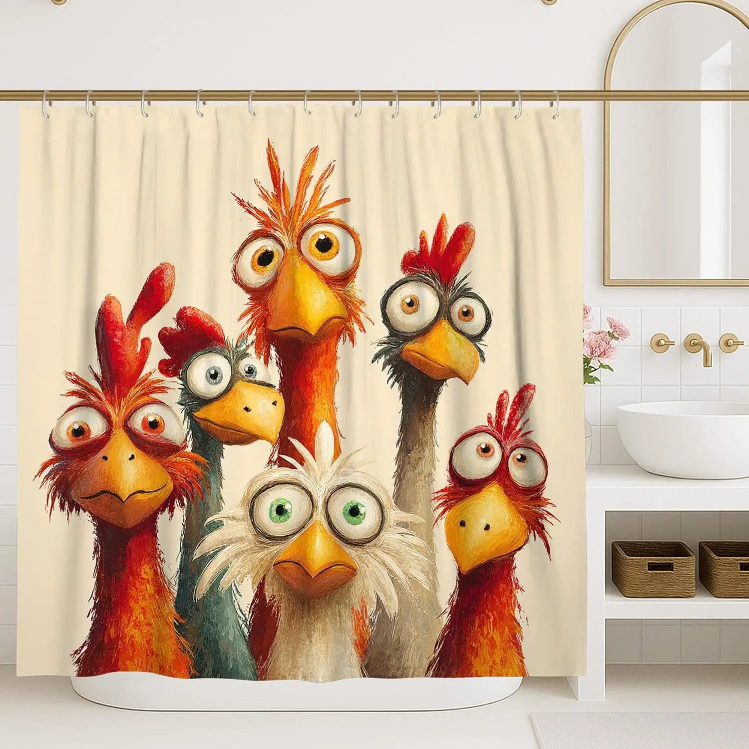 Cartoon Rooster Group Shower Curtain Funny Animal Bathroom Decor Household Gift Cute Design Shower Curtain