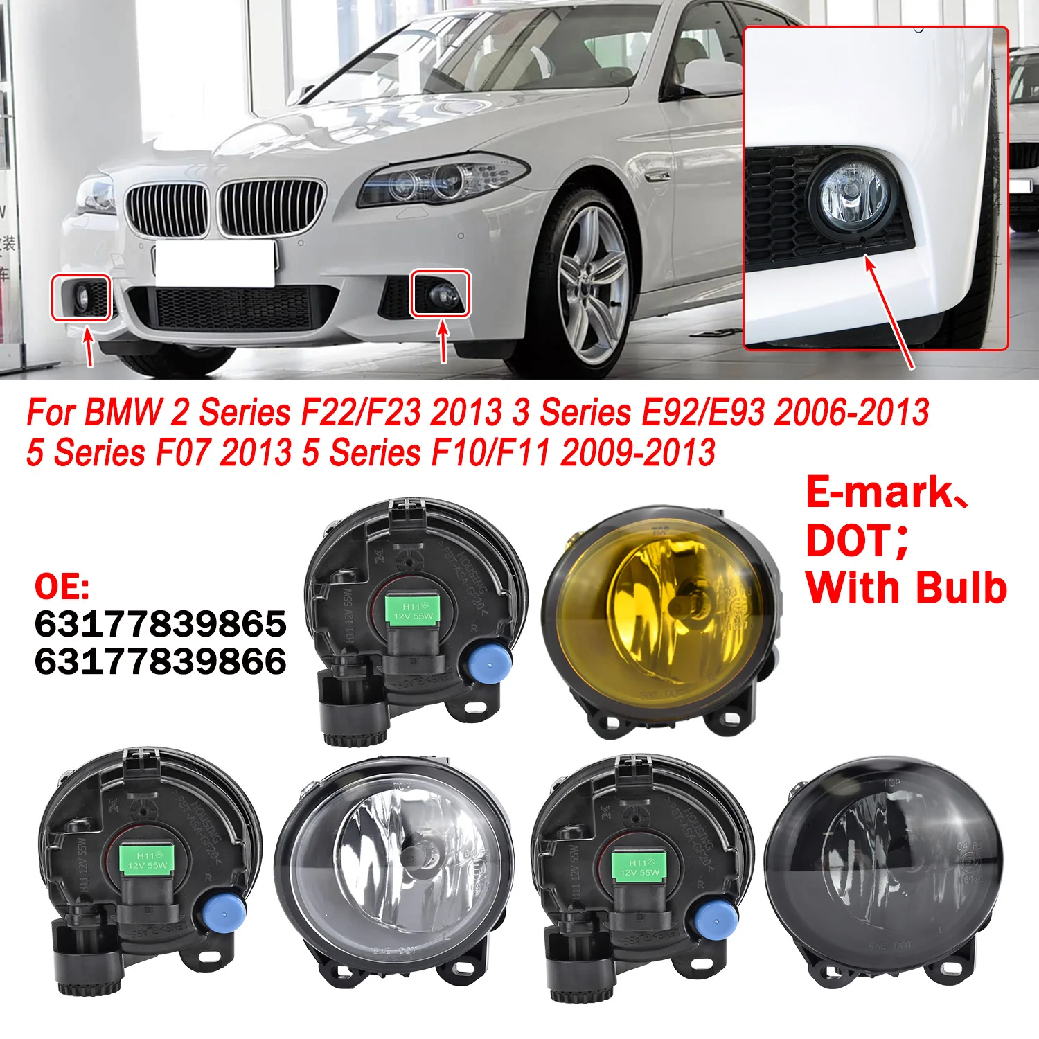 E-mark 63177839865 63177839866 For BMW E92 E93 F07 F10 F22 F23 M3 M5 2 3 5 Series Fog Lights Day Lamp Halogen Wateproof Glass