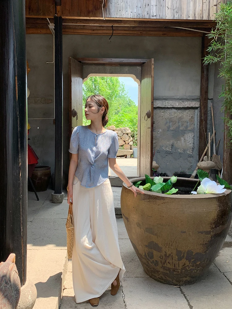 

New Chinese Sle Blue ort Sve Chiffon irt Slimming Personali Original Creation by Jie Xiang Commute Sle Loose Fit