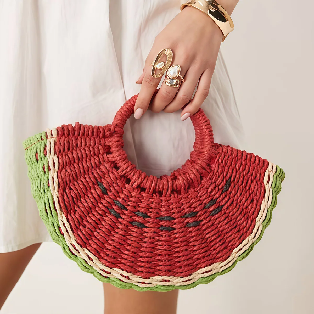 

Cute Watermelon Straw Bag Candy Color Woven Bags for Women Bohemia Female Beach Bag Handmade Cute Fruit Handbag