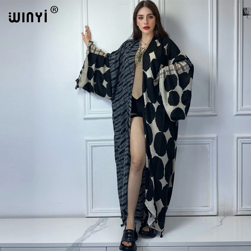 WINYI kimono Retro style cardigan abaya dubai luxury Elegant beach outfits for women sexy cotton feeling dress kaftan