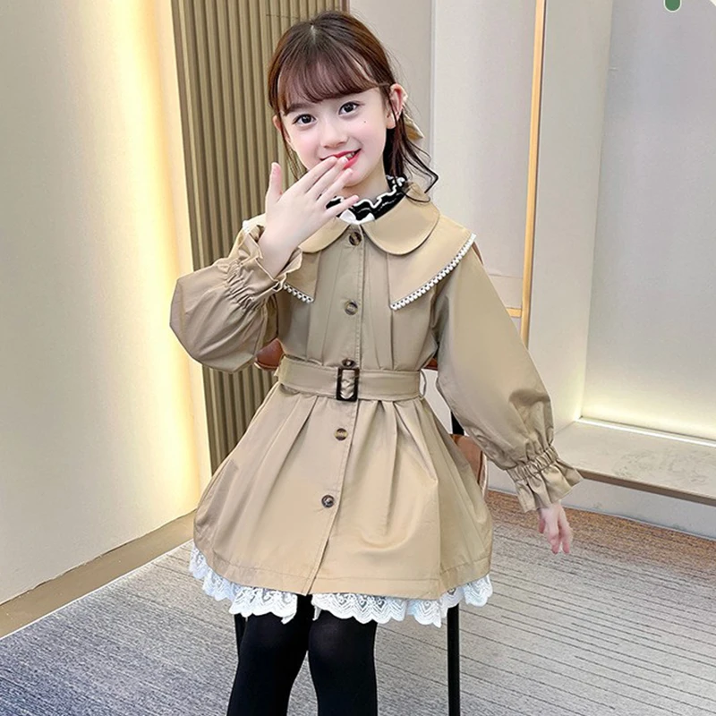 3-12 Y Girls Long Trench Coats Fashion England Style Windbreaker Jacket Spring Autumn New Kids Lace Lower Hem Casual Clothing