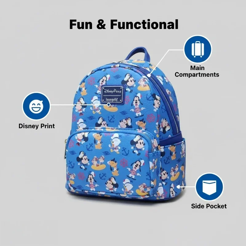 디즈니 X 라운지플라이 미키 도널드 프린트 백팩 디즈니 팬 및 일상 사용을 위한 귀여운 패션 책가방