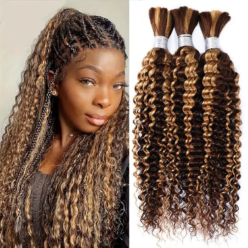 Boho Braids Human Hair 4/27 Color Deep Wave Bulk Human Hair For Braiding No Weft Curly Braiding Hair Extensions for Boho Braids