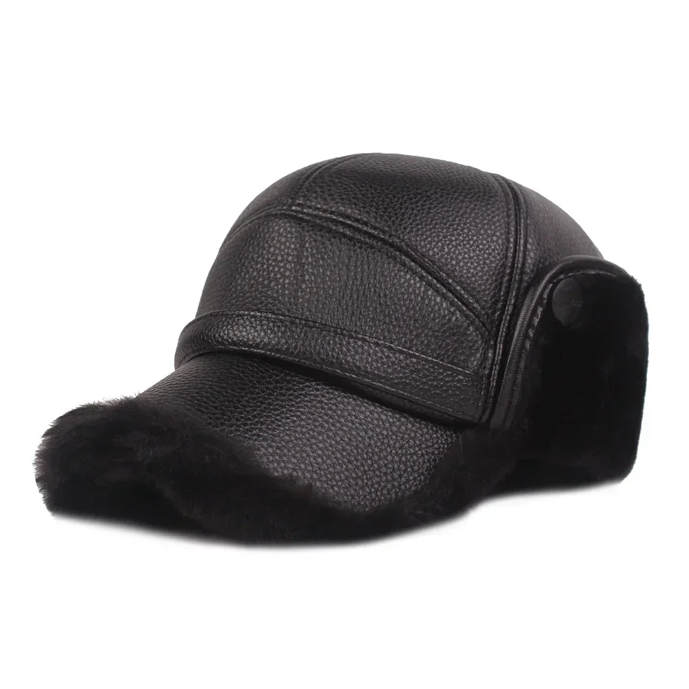 2024 New Winter Mens Leather Cap Warm Baseball Cap with Ear Flaps Thick Fur Caps for Winter Bomber Hats