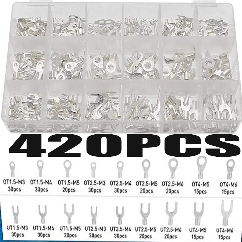 

420pcs Cable Lug Set Crimp Connector Electrical Wire Connector Silver Plated Copper Ring Fork Cable Lugs M3 M4 M5 M6