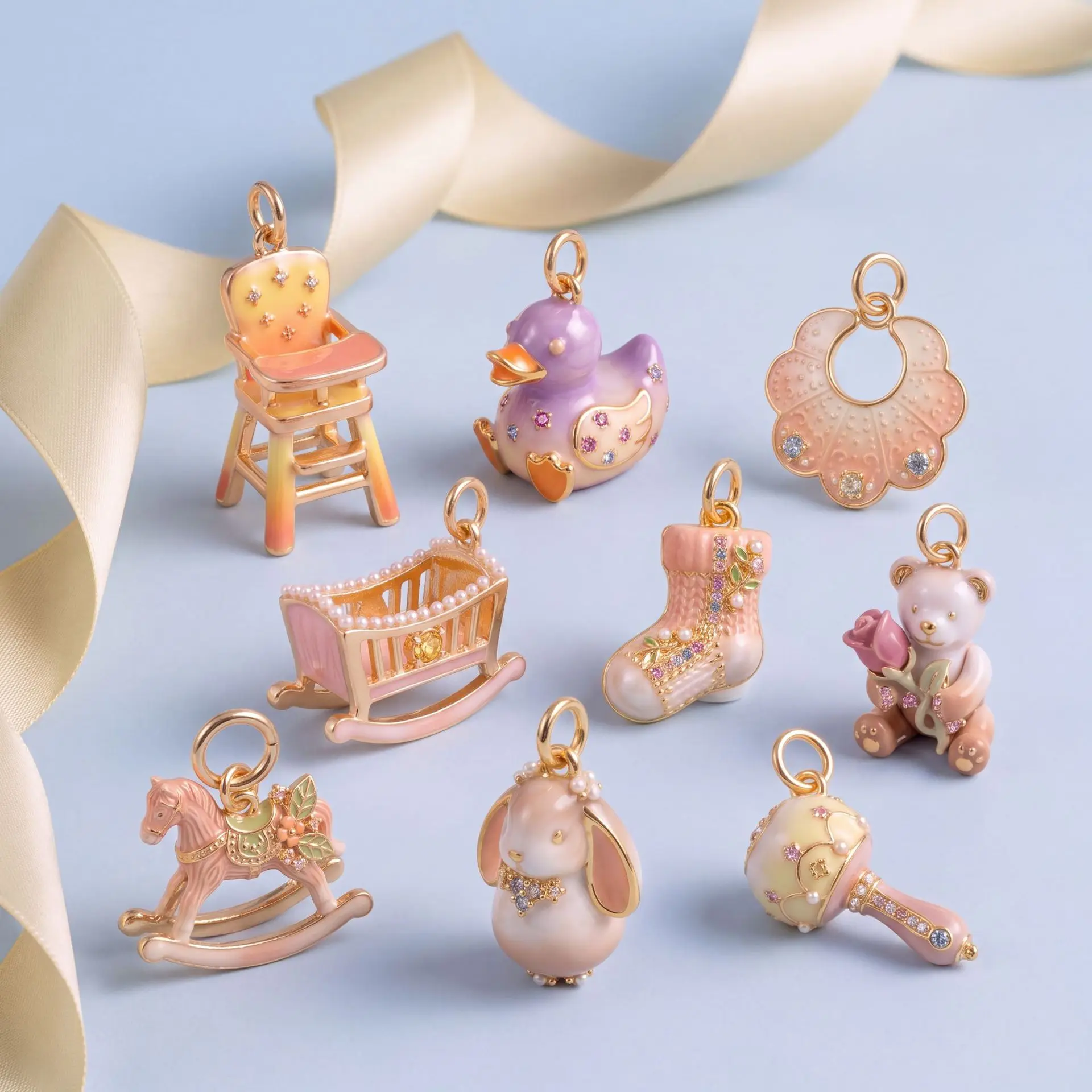 New Sweet Pink Rabbit Bear Series Pendant Stainless Steel Plate Gold Charms Antique Jewelry Making DIY Handmade Craft Wholesale