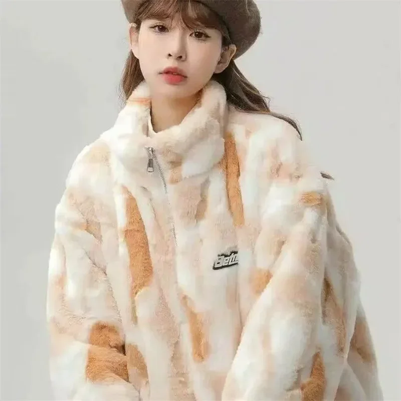 Tie Dye Lamb Wool Coat  New Winter Trendy Student Cotton Jacket Thicken Loose Stand Collar Coats Female Warm Parka Overcoat