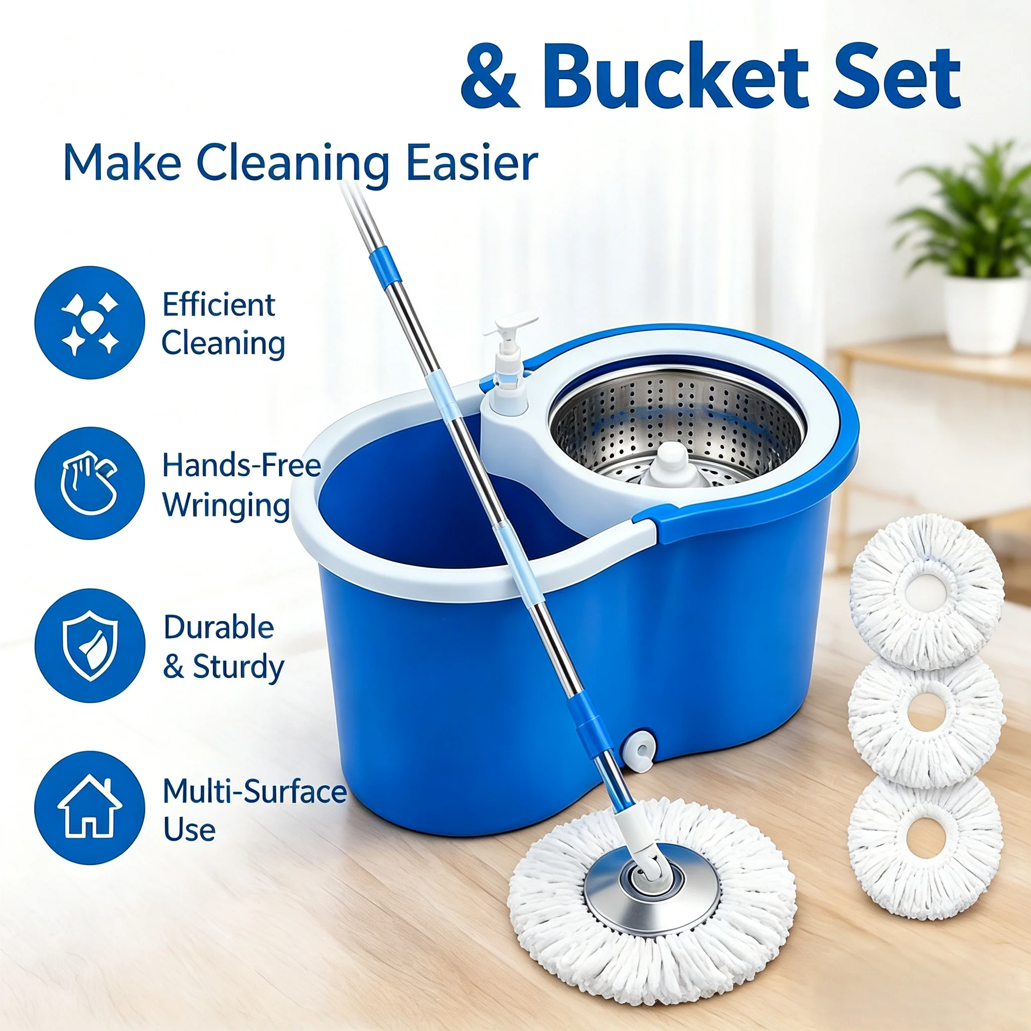 Spin Mop and Bucket Set, 360° Rotating Microfiber Floor Mop with Stainless Steel Wringer Basket, 3 Replacement Mop Heads, Adjustable Handle & Soap Dispenser, Easy Wring Cleaning System for Hardwood, Tile, Laminate Floors