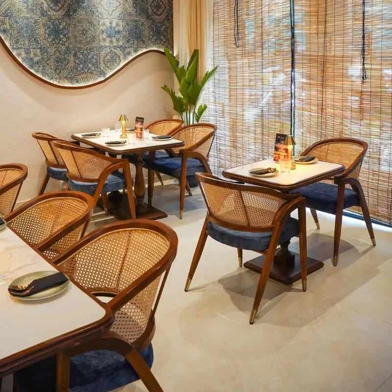 Southeast Asia Restaurant Cafe Furniture Beverage Dessert Shop Solid Wooden Rattan Durable Armchair Dining Table Set 4 Chairs