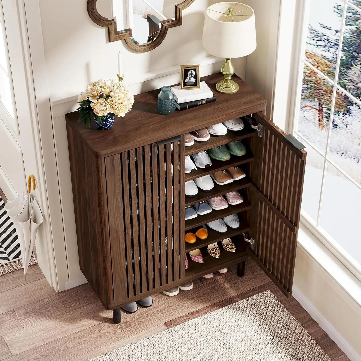 Farmhouse Shoe Cabinet Shutter Doors, 6-Tier Wooden Organizer Adjustable Shelves, Hidden Storage Entryway Hallway, Customized