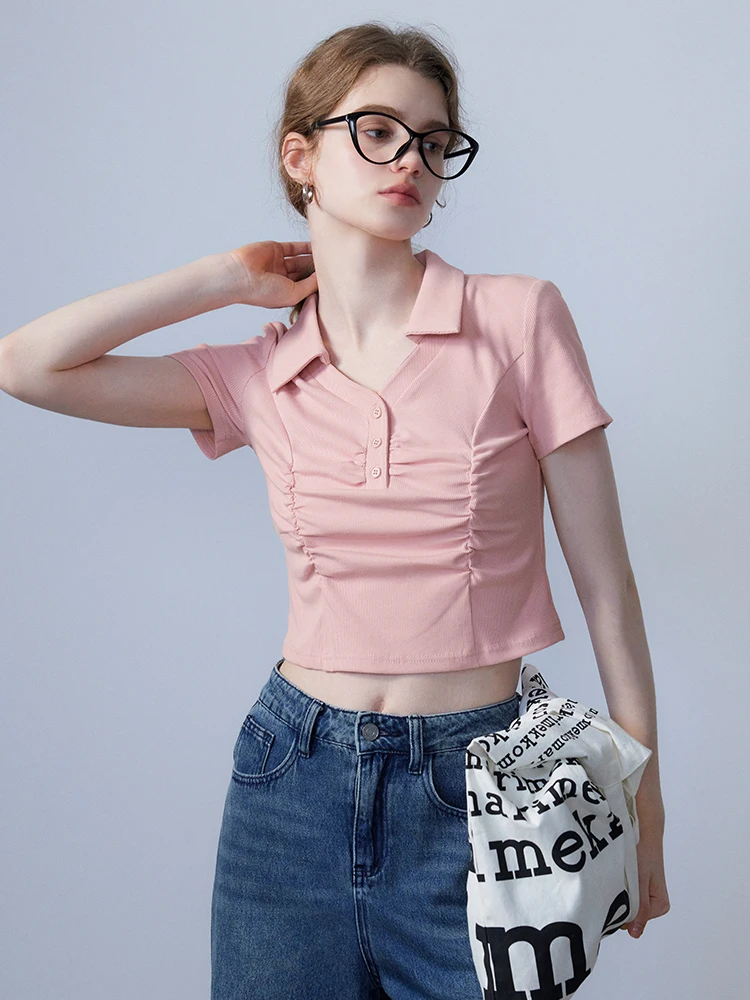 Eggka  Color Pleated Short Sleeve Women's T-shirt Slim Fit Waist Cinching V-Neck Shoulder Width Regular Polyester Fiber