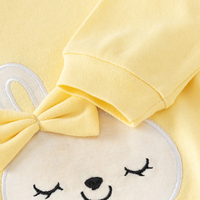 Newborn baby girl spring & fall jumpsuit with long sleeves pure cotton cute yellow cartoon embroidered rabbit