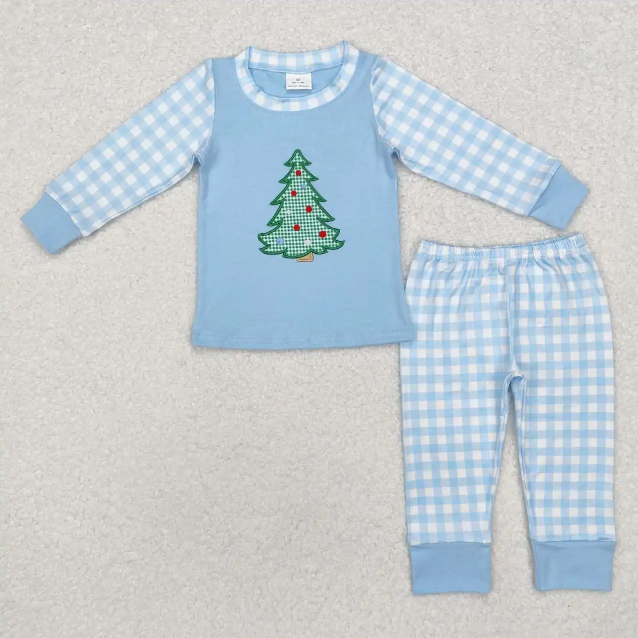 

New Christmas Boys Suit Wholesale Boutique Embroidered Christmas Tree Plaid Long Sleeve Pants Infant Boys Pajama Set