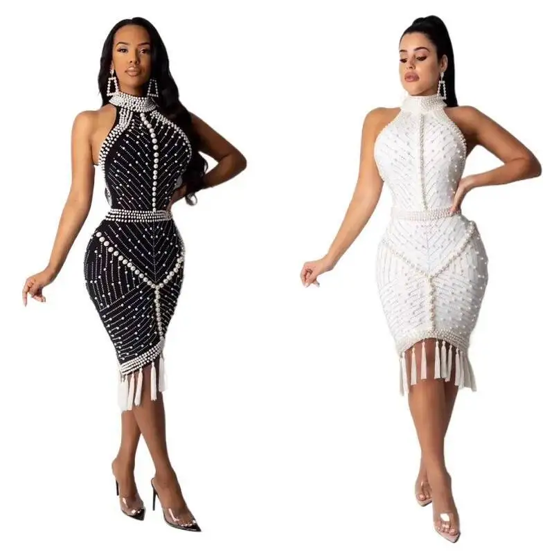 Elegant Women's High-Quality Rayon Bandage Dress White Black Tassel Beading Sexy Bodycon Cocktail Party Vestido