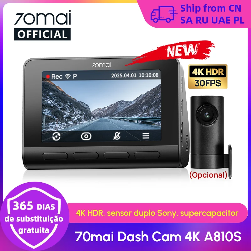 Novo 70mai 4k traço cam a810s hdr supercapacitor 4g lte wi-fi 6 controle de voz gps adas 70mai a810s versão de atualização de 70mai a810