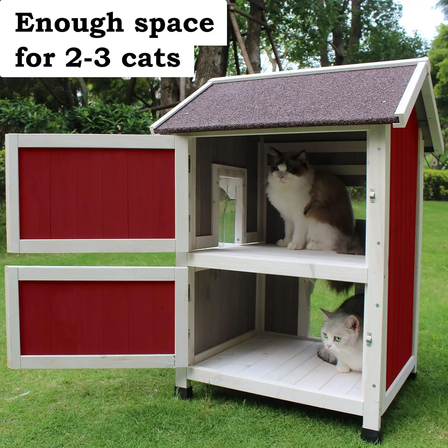 Outdoor Cat House, Large Outdoor Houses for Feral Cats Wooden Outside Cat Shelter Weatherproof with Escape Door