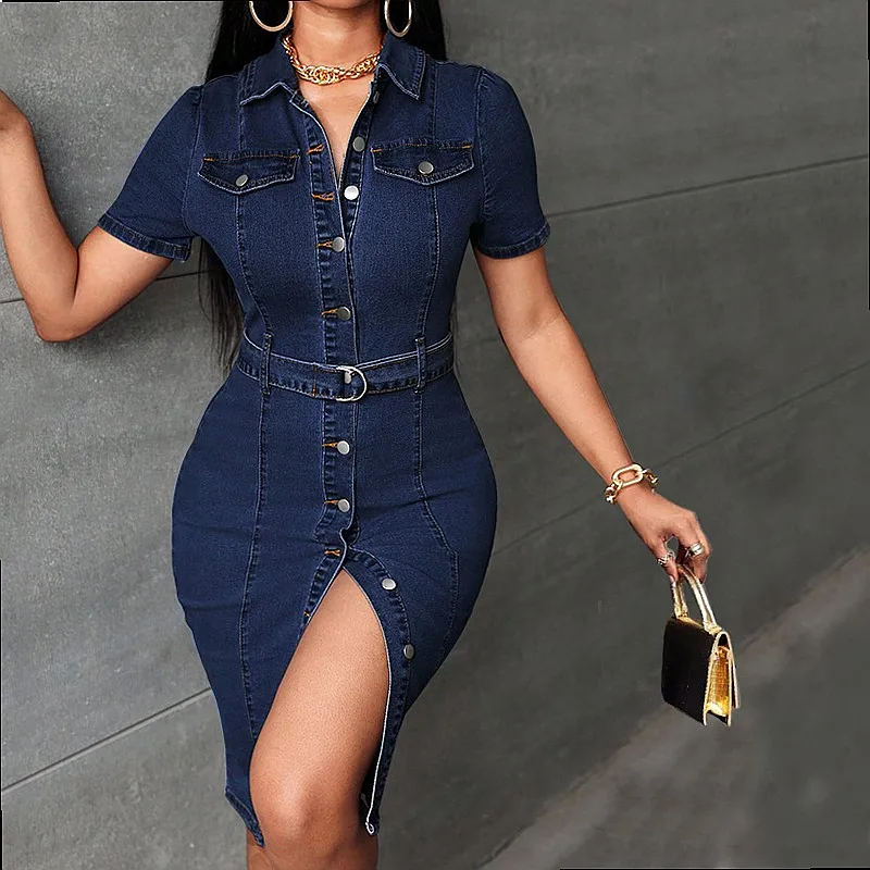 Vintage Stretch Denim Dress, Mid-Length Bodycon Pencil Dresses with Button Front, Spring Summer Women's Jumpsuit Playsuit