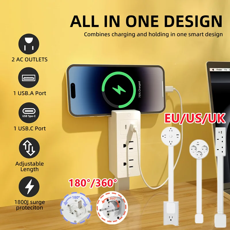 Electrical Wall Plug Rotates Electrical Outlet Extender Adjustable Length Power Outlets Extender Power Socket for NightStand