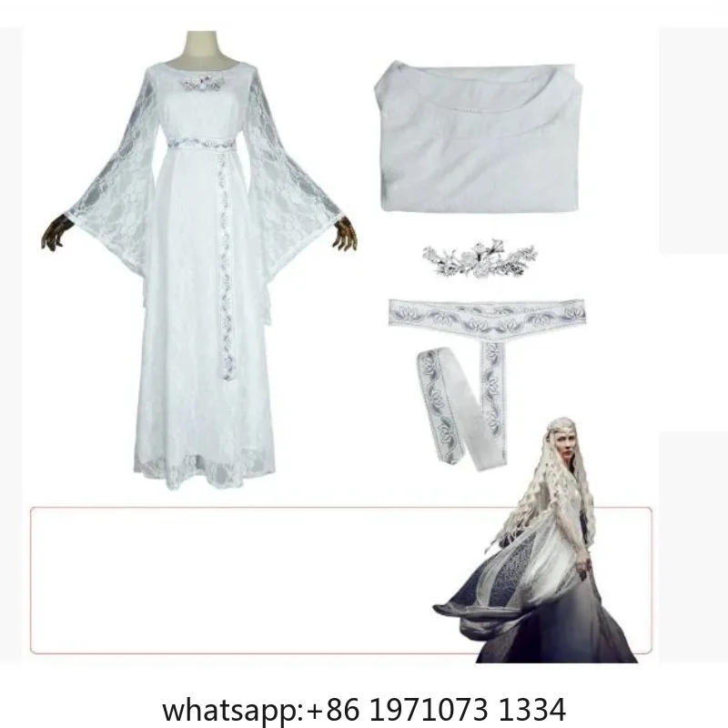 Disguise Elf Queen Galadriel Cosplay Medieval Vintage White Court Gown Magic Movie Ring Costume Women and Elven Ear Props