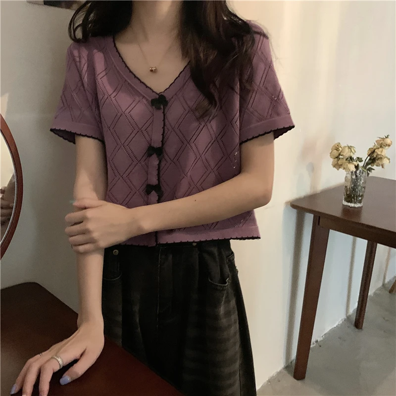 Women Summer 2023 New V-neck Loose Short Tops Bowknot Button White Thin T-shirts Ice Silk Short-sleeved Sweater T-shirt Sweet