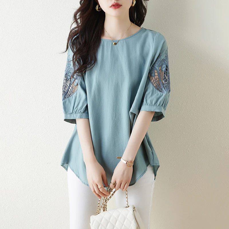 

2023 Summer New Women's Solid Silk O-Neck Top Shirt Loose Large European Station Hollow Out Thin Irregular T-shirt