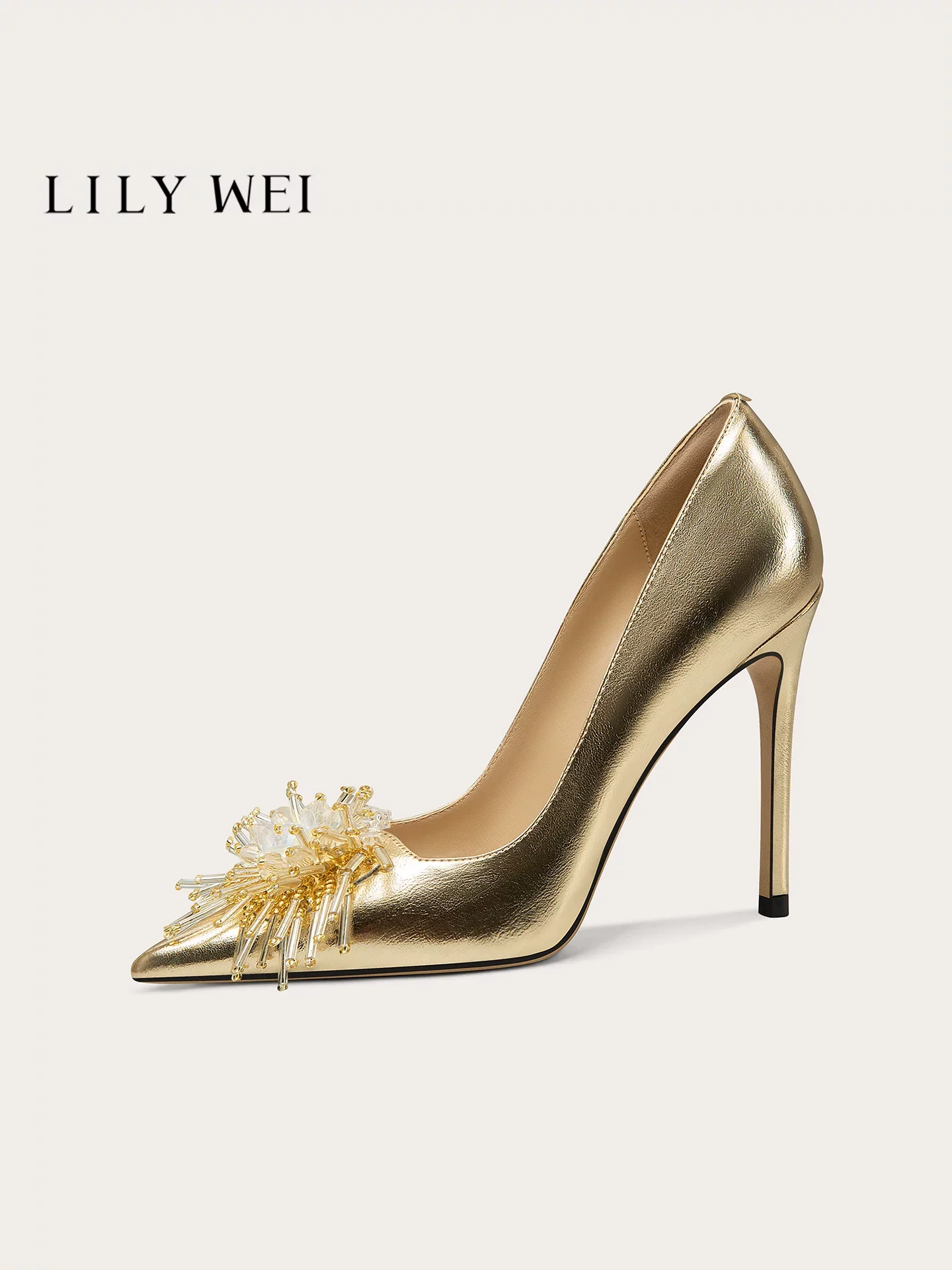 Spring new pointed gold leather beaded tassel flower single shoes banquet large size small size slim heel high heels women shoes