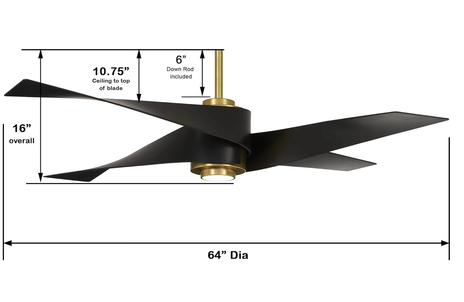 64 Inch Ceiling Fan with LED Light and DC Motor in Soft Brass Finish and Matte Black Blades