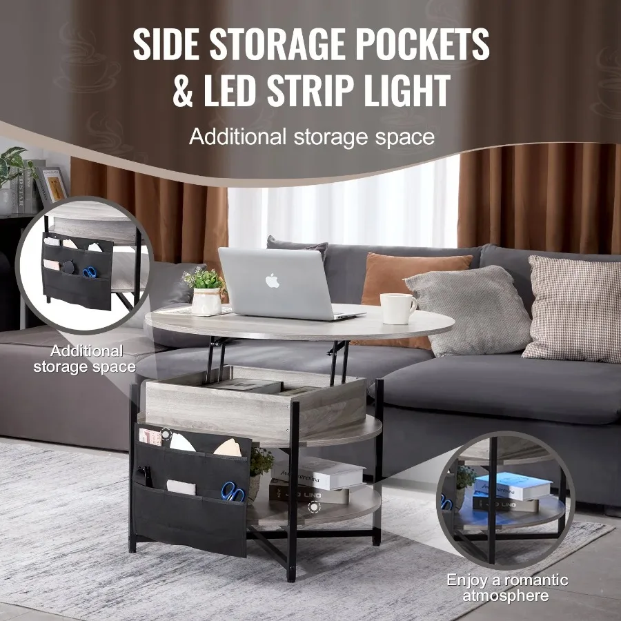 Round Coffee Table 35.3 Inch White Lift Top for Living Room