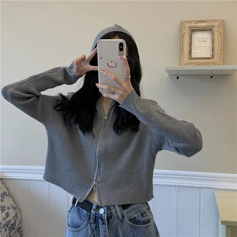 Knitting Women Fashion Black Ribbed Zip-up Cardigans Autumn Casual Hooded Long Sleeve Autumn Sweater Cropped Slim Tops Knitting