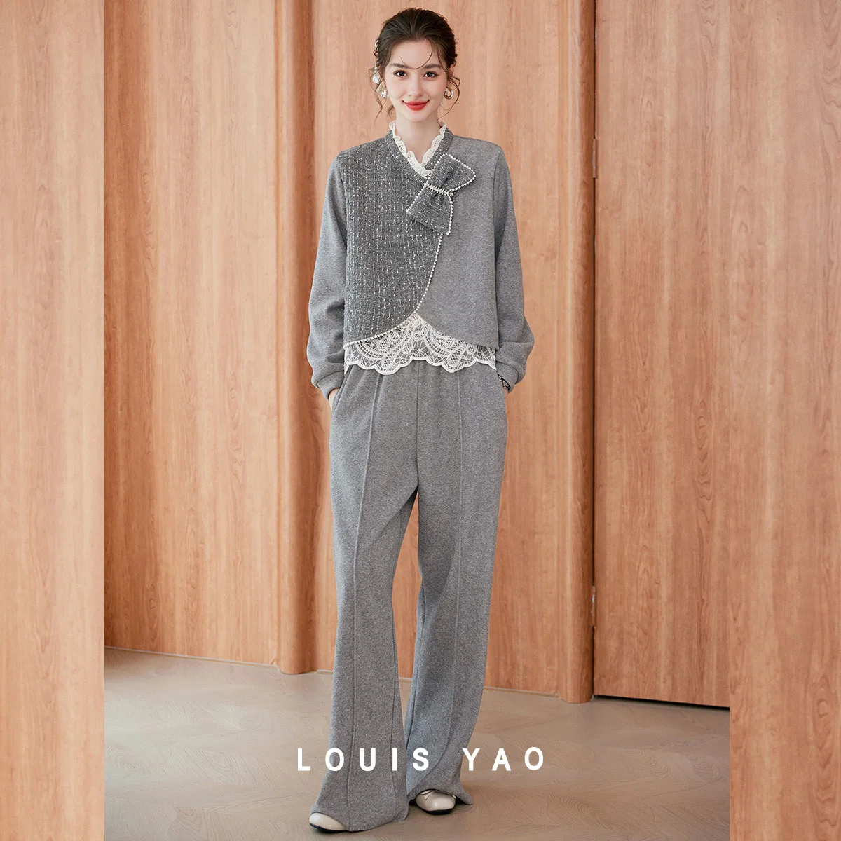LOUIS YAO Lace Splicing Set Long Sleeve Top Pants 2025 Autumn Stylish Contrast Color Nail Bead Women's Two Piece Set