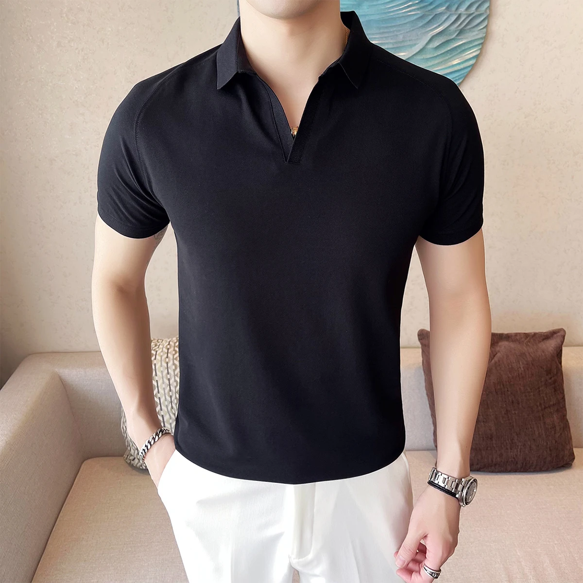 

Black V-Neck Short Sleeve Men's Shirt Fashionable British Style Slim Fit T-Shirt Cotton Wool Fabric Pure Color Summer 2023