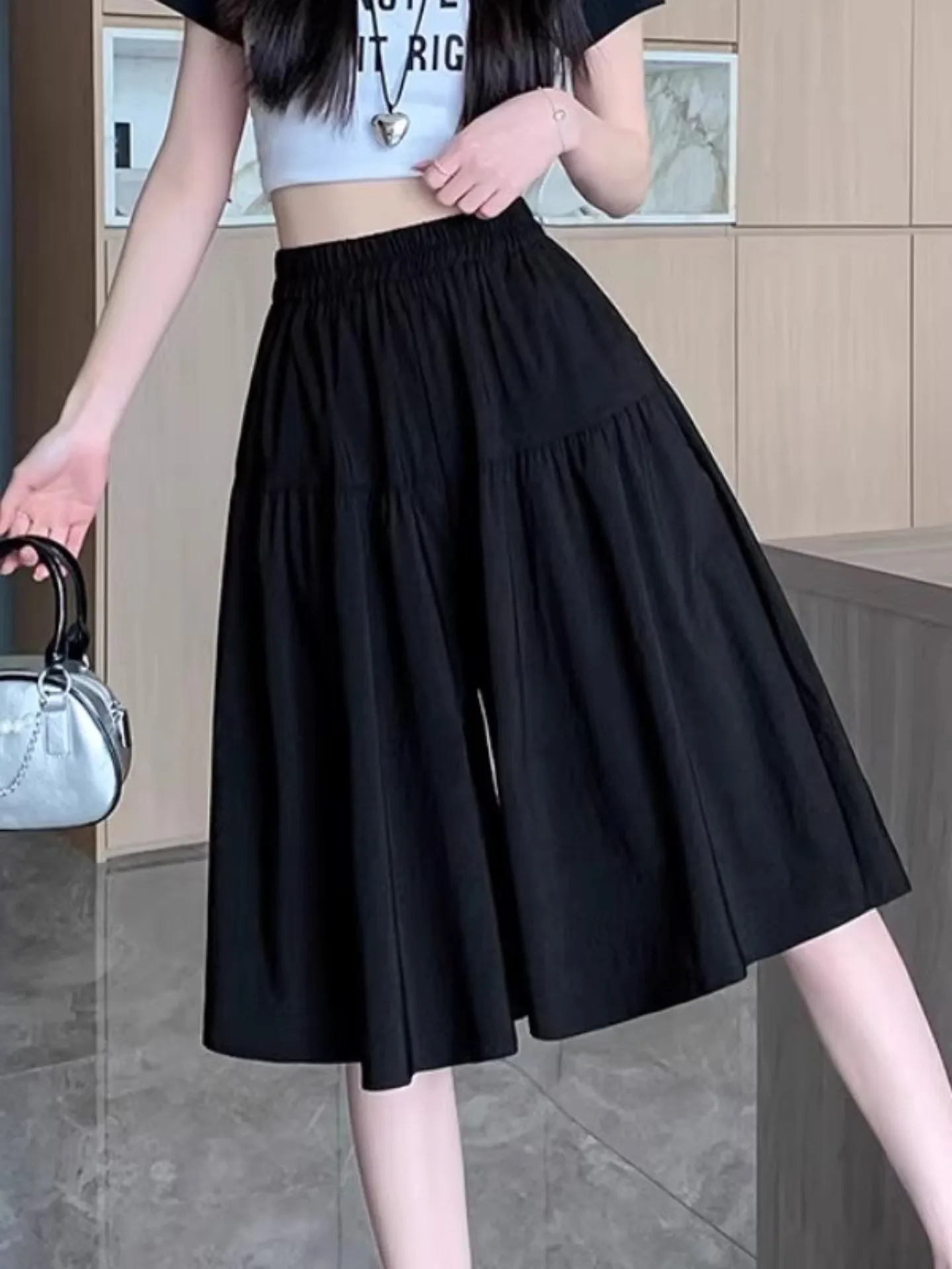 

Ice Silk Quick Dry Wide Leg Pants Women's Summer New plus Size Fat MM High Waist Slimming Five-Quarter Casual Pants