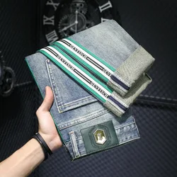 High-End Light Luxury Men's Blue Striped Jeans Men's 2024 Spring Street Versatile Slim Fit Skinny Ripped Trousers