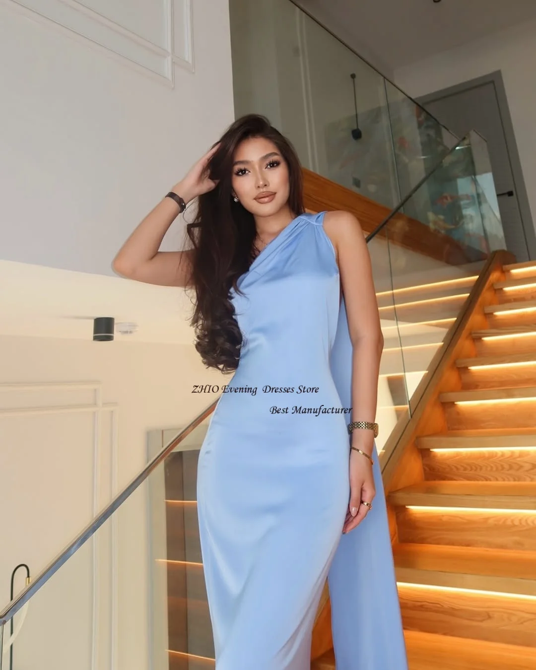 Zhi vintage cetim um ombro gola alta uma linha bainha vestido de noite com xale varredura trem sem costas vestidos personalizados