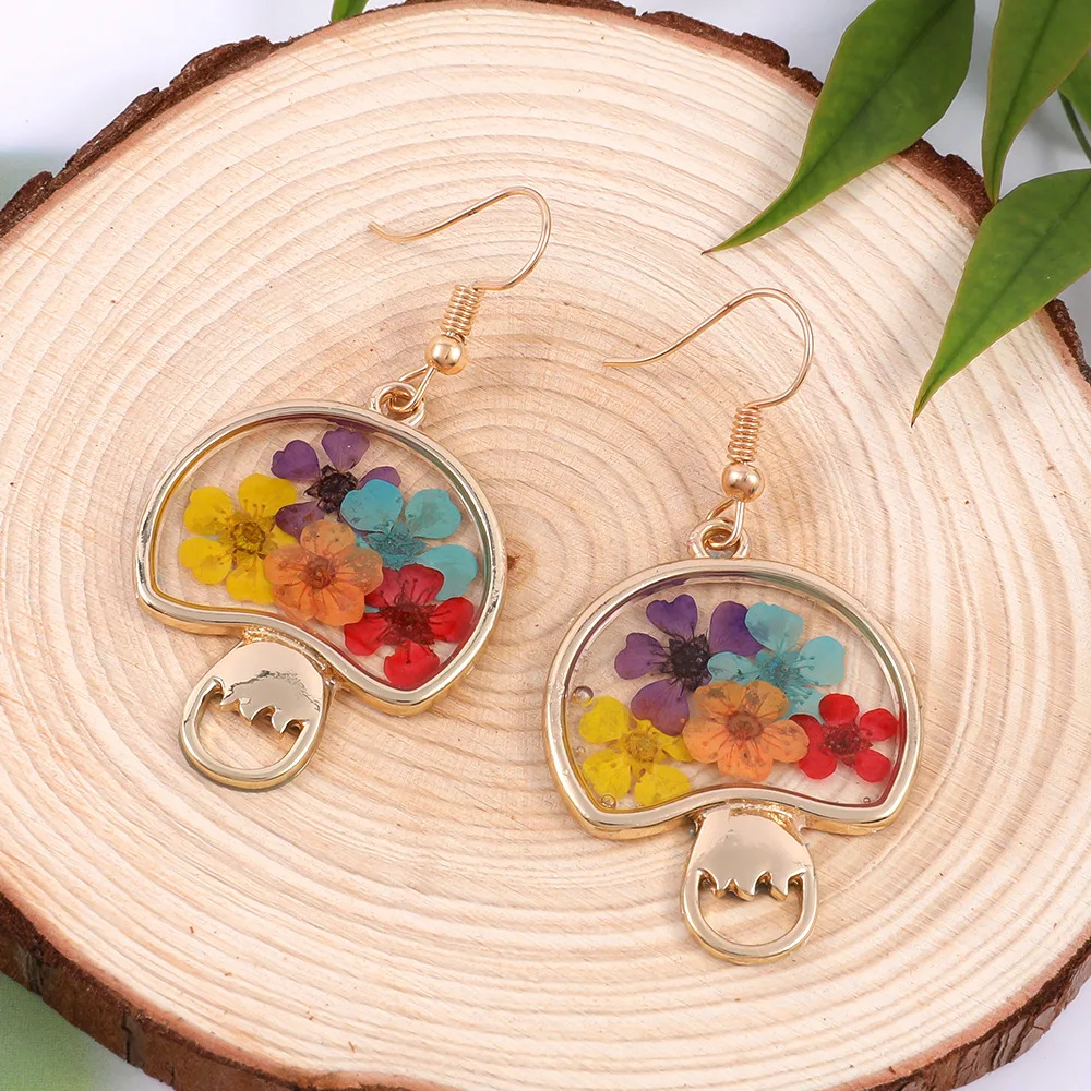 Unique Natural Pressed Flower Earrings Cute Mushroom Earring With Dried Flower Jewelry 2024 Epoxy Resin Flower Earring Wholesale