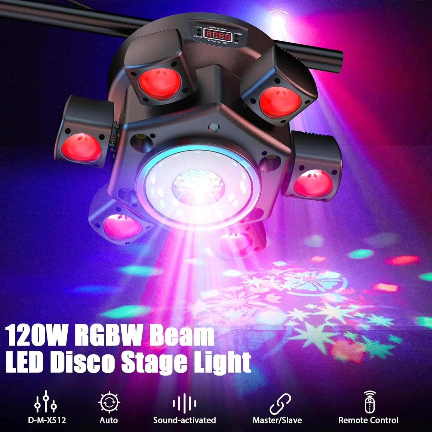 Moving Head Dj Light 120W 6-Arm 4-in-1 Stage Light with Rgbw Beam, Red and Green Stars, Pattern Projection Strobe Effect, Sound Control Dmx512 and Remote Control Suitable for Parties, Disco Clubs, Weddings, Bars