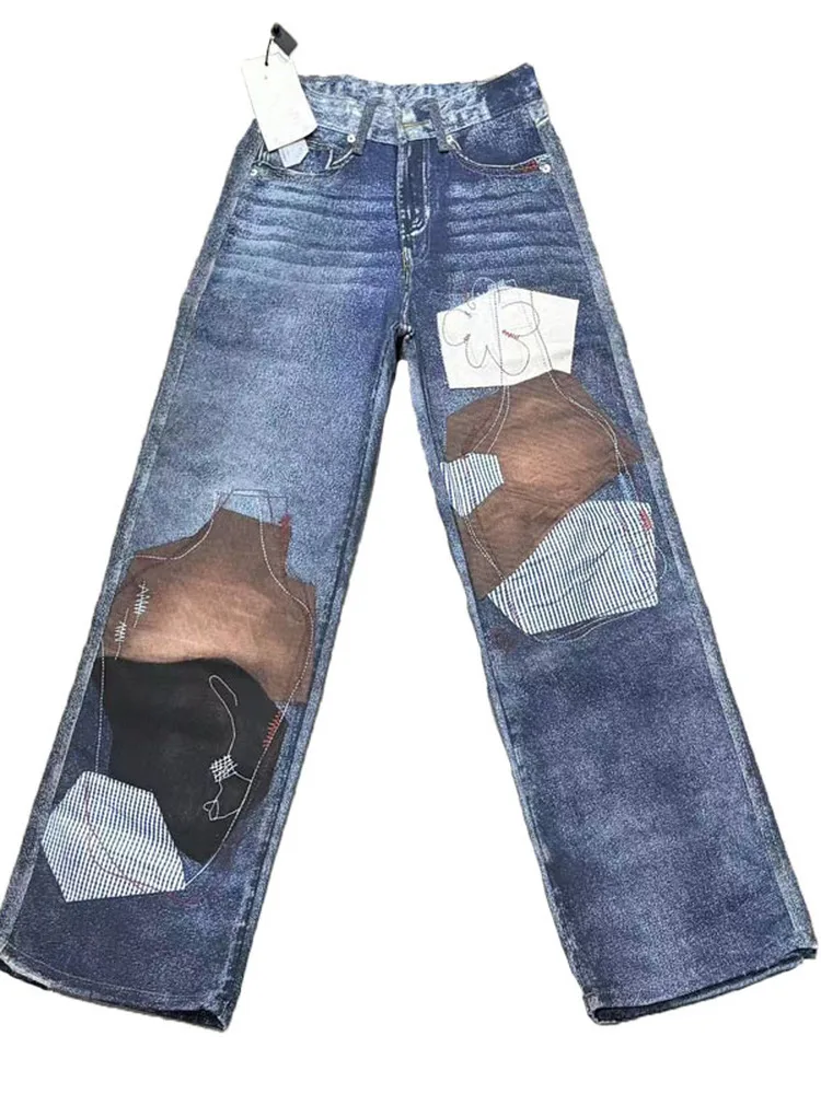 Washed Patchwork Loose Straight Leg Ladies Jeans Cross-Border New Arrival Autumn 2026 Premium Quality Cotton Natural Waist