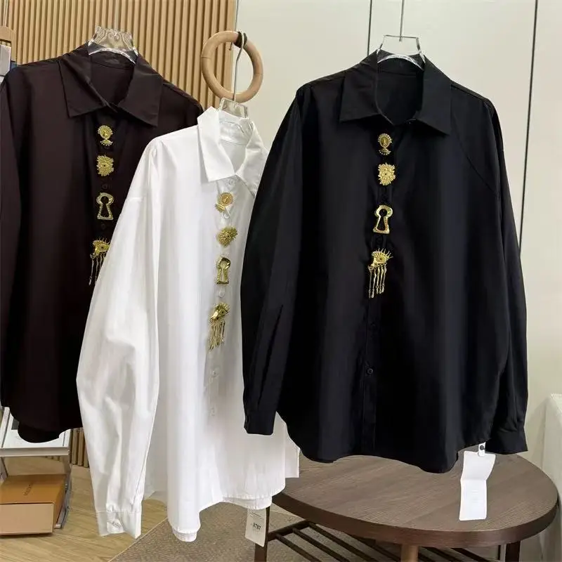 Luxury Brand Design Removable Sequins Cotton Blouses Shirts Women 2026 Spring Trend Long Sleeve Black White Top Woman Clothes