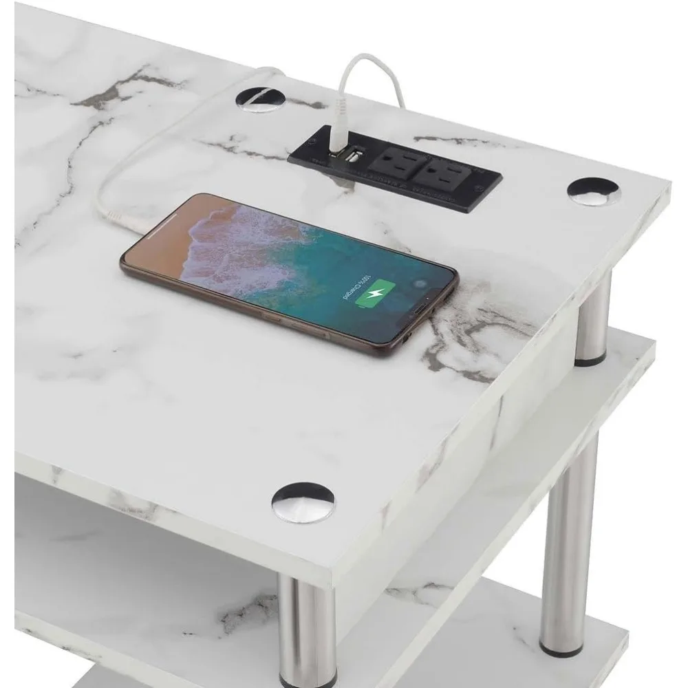 Convenience Concepts Designs2Go No Tools Student Desk with Charging Station and Shelves, White Marble