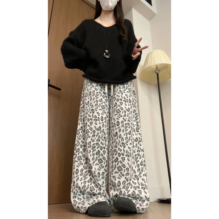 Retro Lazy Leopard Print Wide Leg Pants Women's Autumn Winter New Knitted Soft Comfortable Fce High Waist Loose Fit Casual...