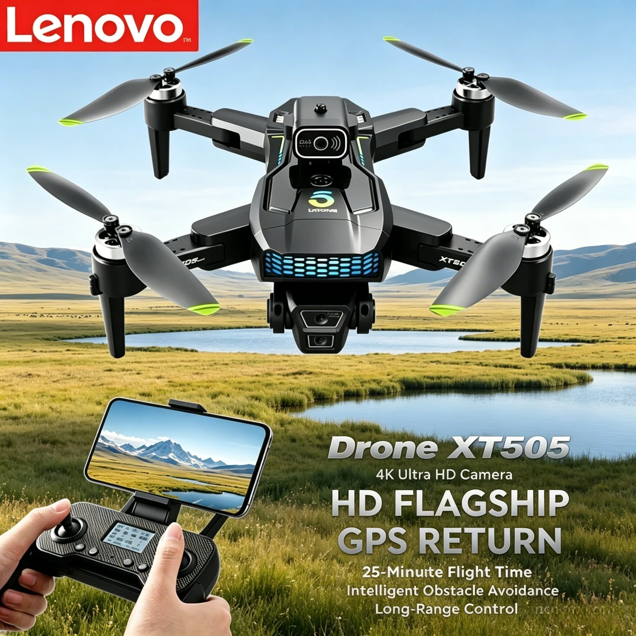 Dron Cuatricóptero Profesional Lenovo XT505 con Control Remoto, Plegable, 5G, GPS, Flujo Óptico, WiFi Dual, Fotografía Aérea y Gimbal