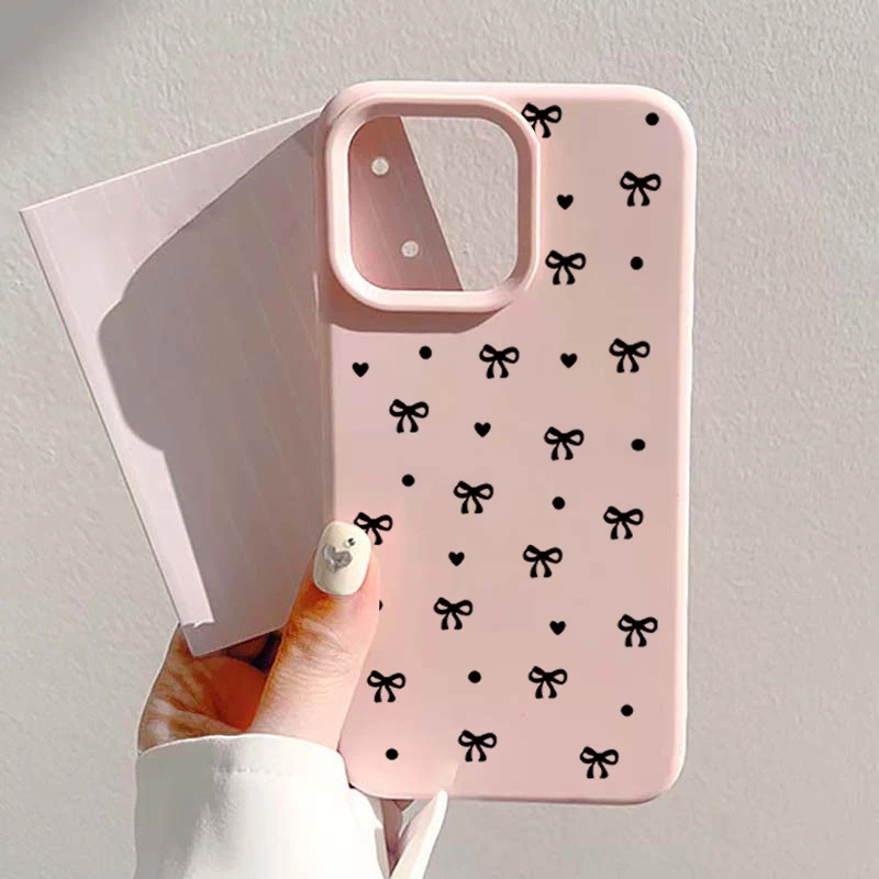 

Pink Phone Case For iPhone 17 16 15 14 13 12 11 Pro Max 16 Plus 17 Air with Black Bow and Black Heart Pattern TPU Silicone Cover