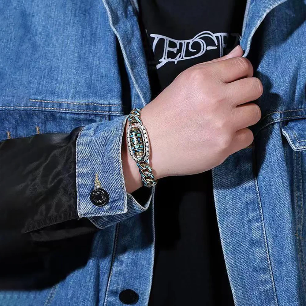 925 Silver Six-Character Mantra Retro Blue Bracelet 18-22CM Colorful Chain Men's Festival Party Jewelry Exquisite Gift