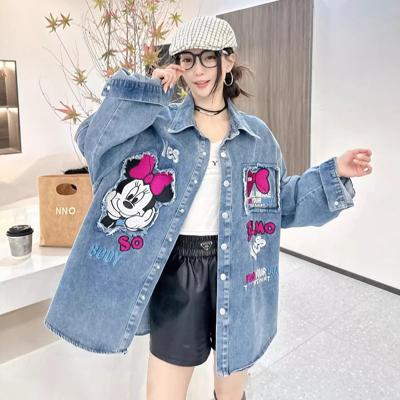 

European Style Mid-Length Denim Shirt Women Luxury High-End Embroidered 100% Cotton Elegant Hong Kong Style Layering Cardigan